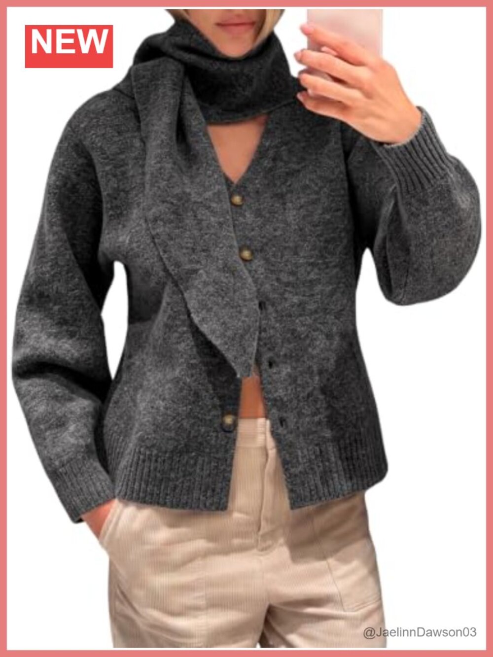 V Neck Knit Cardigan Sweater with Scarf Loose Fit
